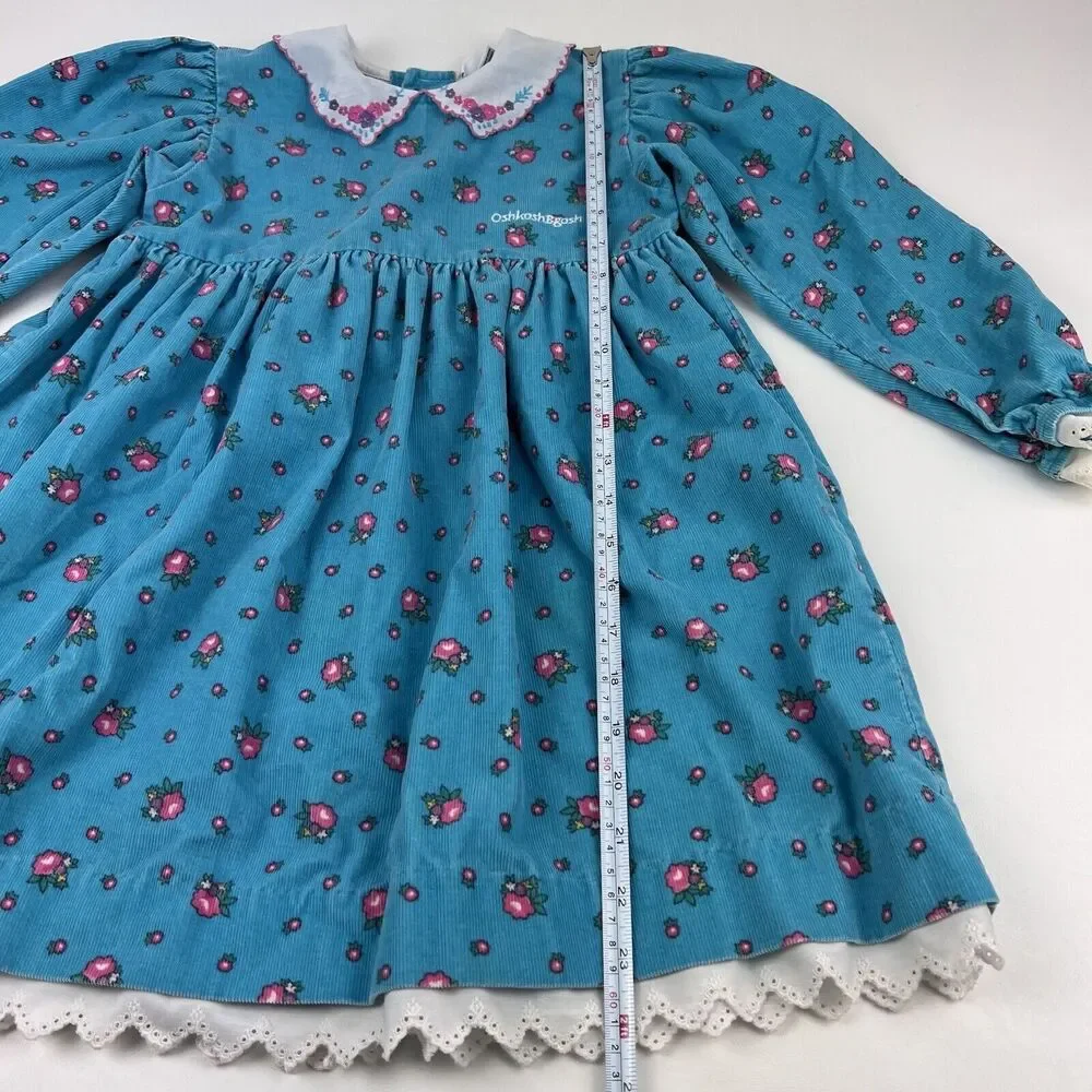 OSHKOSH B'GOSH Corduroy Long Sleeve Dress VTG 90s Floral Blue Kids Youth Girl 6